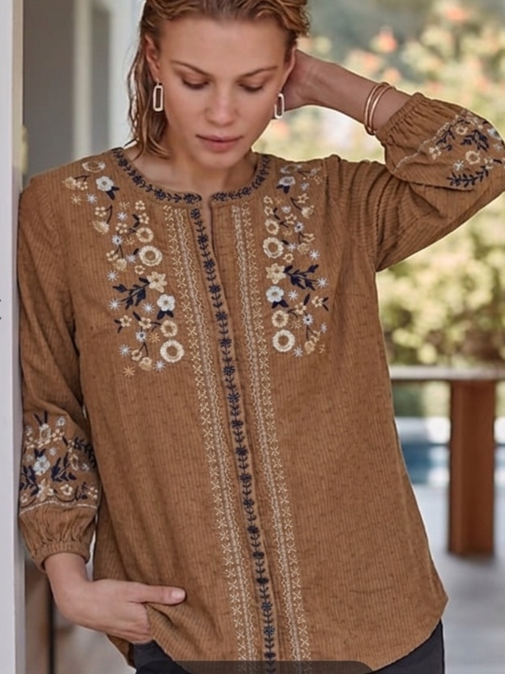 J. Jill size S oversized Tan Embroidered Floral bohemian Tunic Peasant blouse